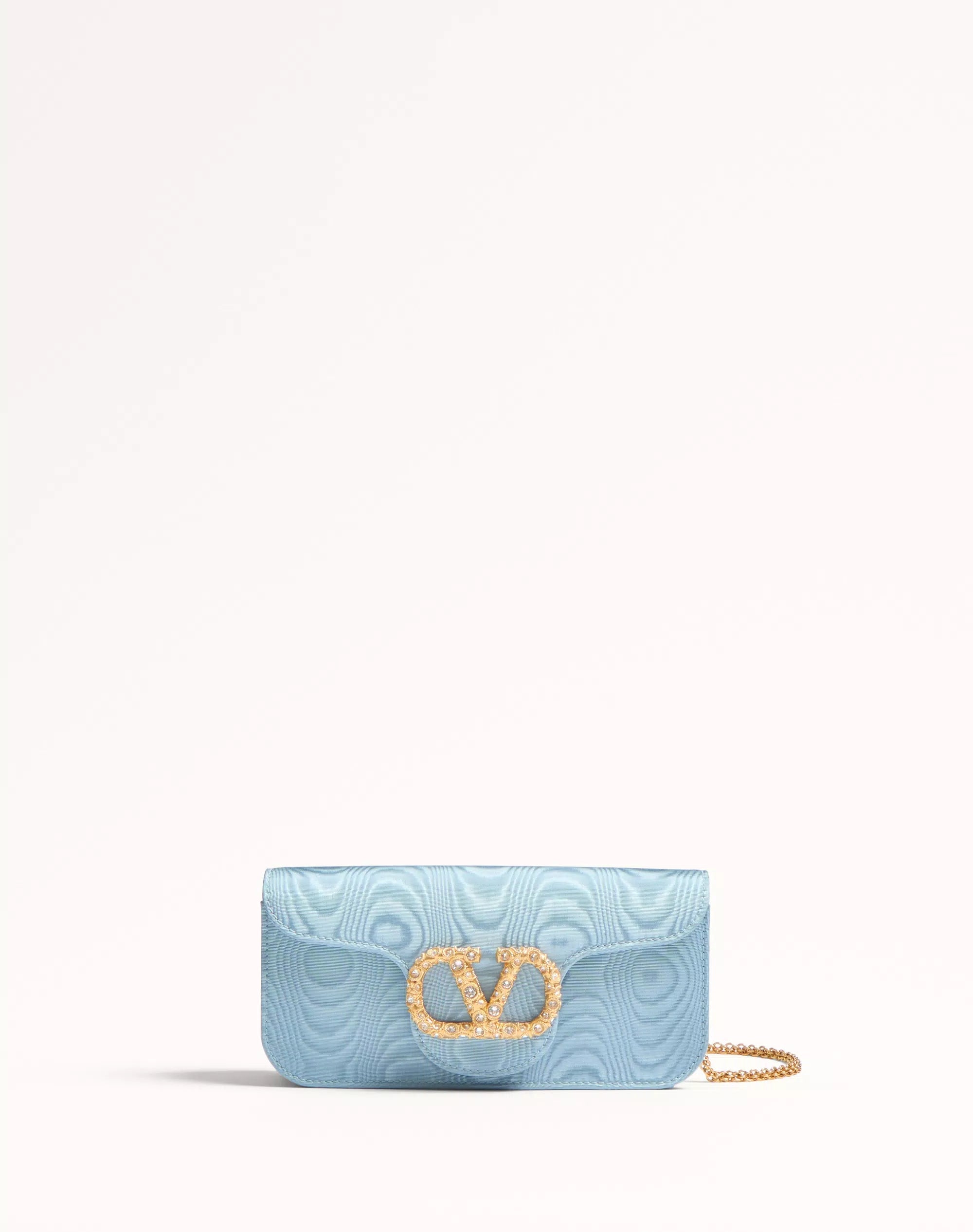 VALENTINO GARAVANI LOCÒ MOIRÉ FABRIC CLUTCH WITH JEWEL LOGO CLOUDY
